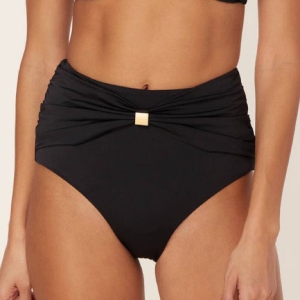 Andie Dalia Black High Rise Full Coverage Bow Front Bikini Bottom Swimsuit Swim